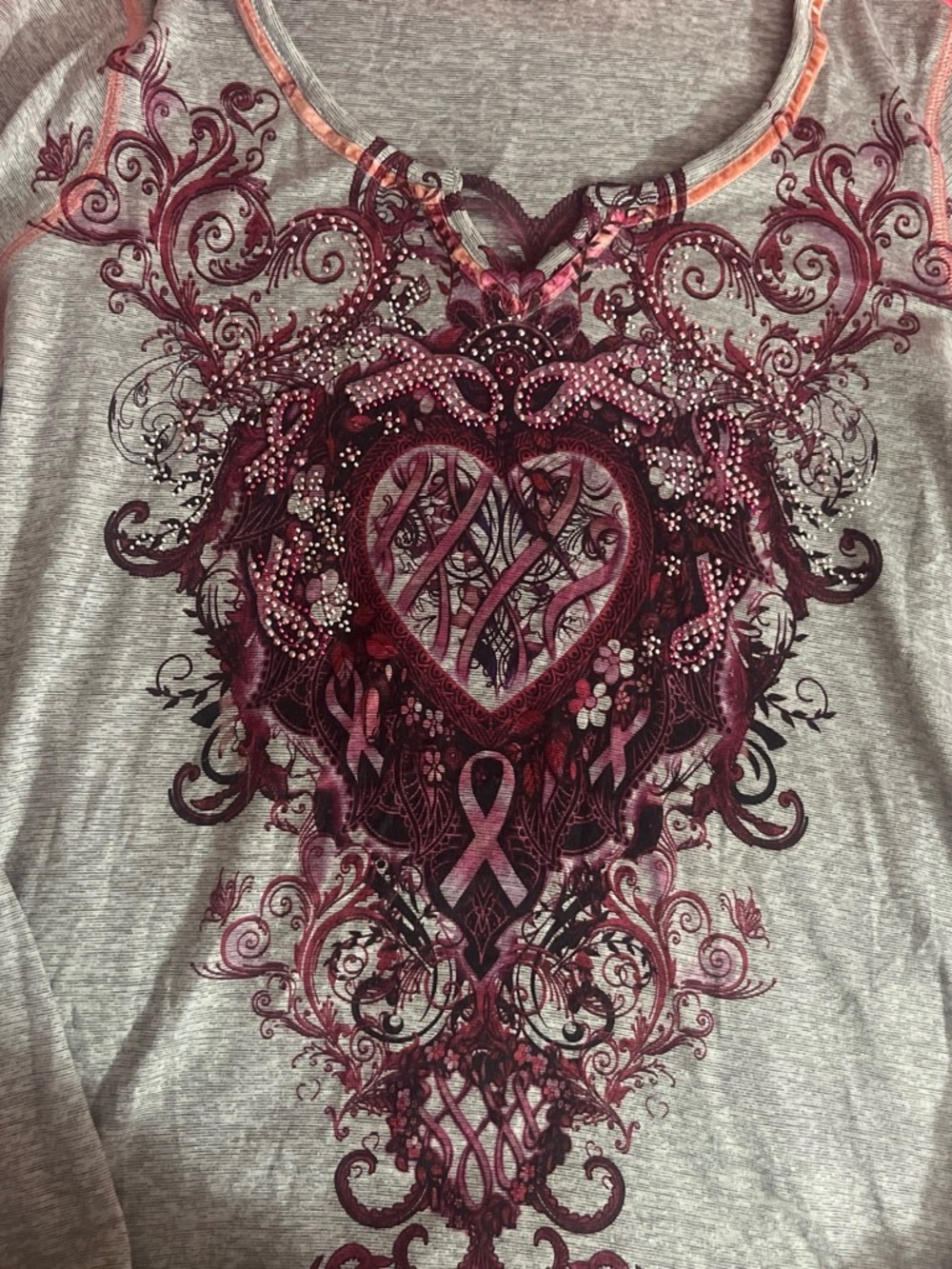ONE WORLD Heather Gray Long-Sleeve Top with Pink Heart & Ribbon Graphic